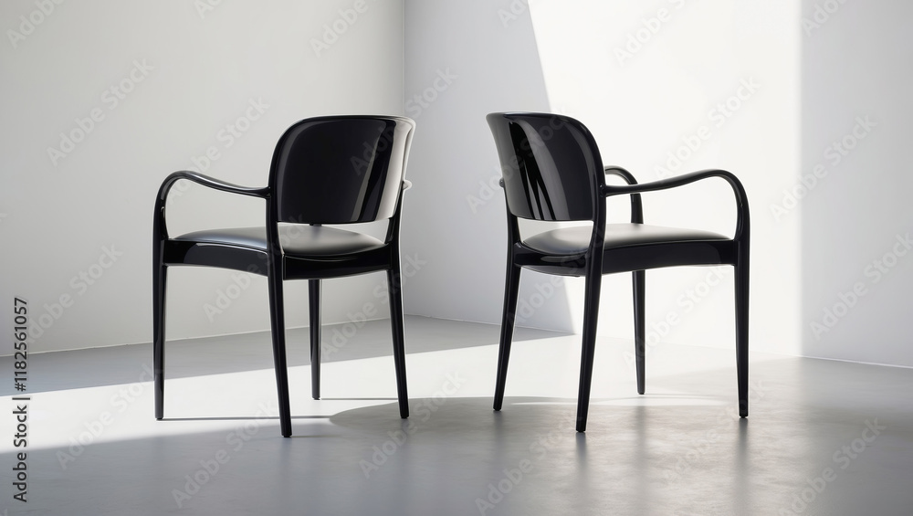 Sleek identical highgloss black chairs positioned in bright modern interior space Sleek identical highgloss black chairs positioned in bright modern interior space