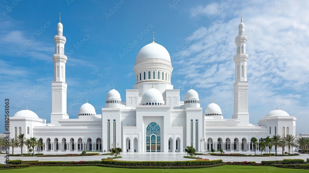 Obraz premium impressive mosque stands prominently featuring multiple large domes and tall minarets. Lush palm trees frame the area, enhancing the serene atmosphere of this urban retreat