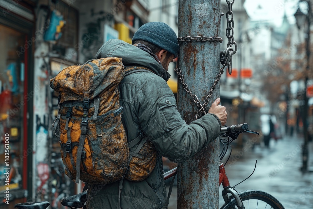 Fototapeta premium A person standing beside a pole with a backpack, suitable for outdoor or adventure scenes