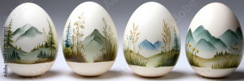 Easter eggs painted with serene mountain landscapes, pine trees, and wildflowers. Nature, tourism, hiking concept. Handmade craft DIY. Easter Banner photo