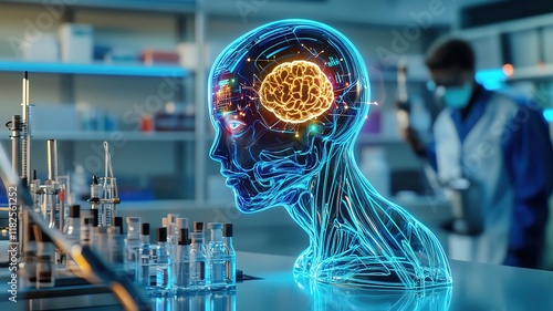 Digital Command Assistant, A futuristic lab setup where a digital assistant hologram assists scientists in task management