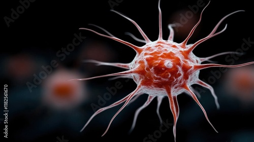 detailed observation of a virus featuring sharp, protruding spikes on its surface. dark background highlights the viruss intricate structure, enhancing its eerie appearance photo