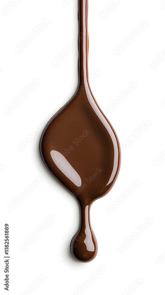 Melted dark chocolate dripping and flowing down from the top, isolated on white background Melted dark chocolate dripping and flowing down from the top, isolated on white background