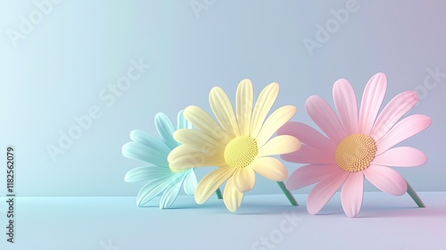 Colorful daisies on soft gradient background: blue, yellow, pink flowers photo