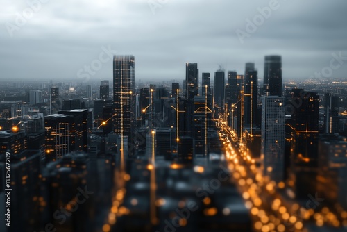 City skyline with glowing roads and illuminated buildings at night. urban connectivity and modern life