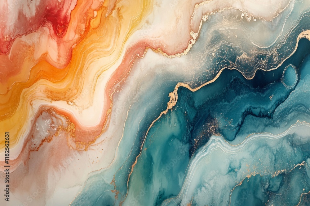 Obraz premium Modern fluid art painting with mixing acrylic paints creating ocean waves effect and golden glitter veins