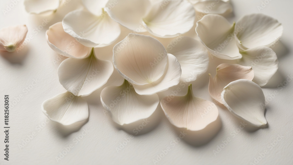 Soft white flower petals arranged gracefully on a light surface create a calming and serene atmosphere perfect for any setting Soft white flower petals arranged gracefully on a light surface create a calming and serene atmosphere perfect for any setting