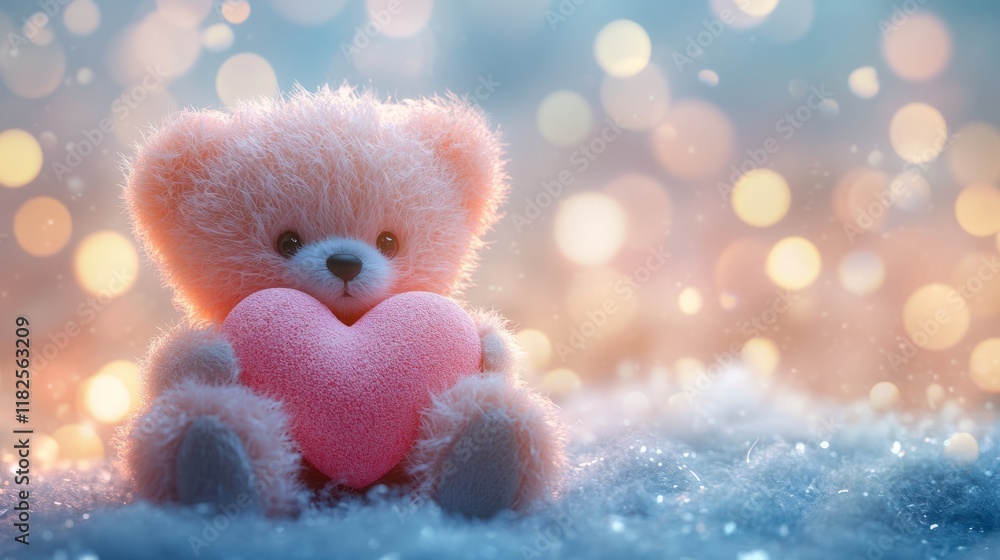 Fototapeta premium Cute teddy bear holding heart with glowing lights and snowy background