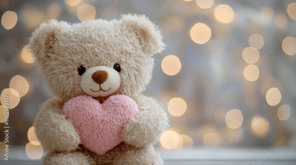 Fototapeta premium Cute teddy bear holding heart with warm bokeh background