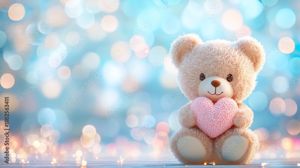 Fototapeta premium Cute teddy bear holding heart with sparkling bokeh background