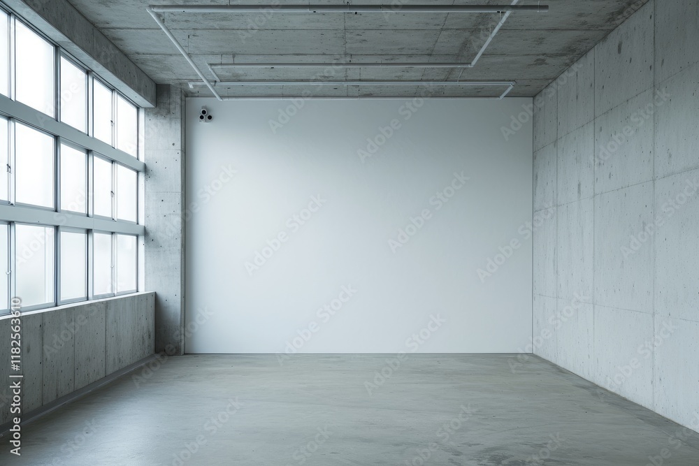 Fototapeta premium A large white wall in an empty room with a concrete floor, windows on the left, and an industrial-style interior featuring concrete walls, a grid ceiling, and bright blank space for mockups