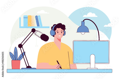 Smiling man in headphones talk on radio on microphone. Live broadcast concept. Flat vector illustration.