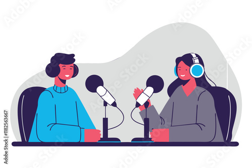 Two people in a radio broadcasting studio, showcasing the concept of news broadcasting. Vector flat illustration