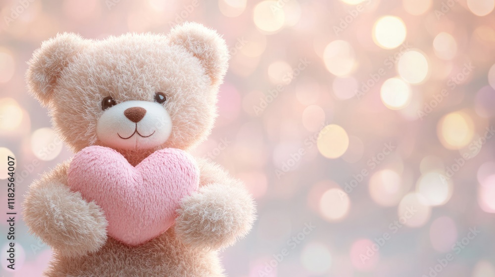 Fototapeta premium Adorable teddy bear holding heart on soft pastel background