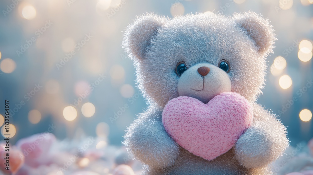 Fluffy teddy bear holding pink heart with soft bokeh background Fluffy teddy bear holding pink heart with soft bokeh background