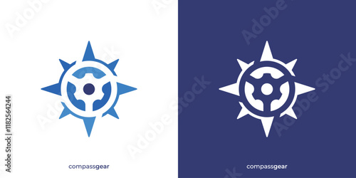 Simple Compass Gear Logo. Compass and Gear Icon Graphic. Gear Compass Logo Design Template.