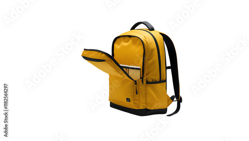 Photo of yellow bag pack opened isolated on transparent background