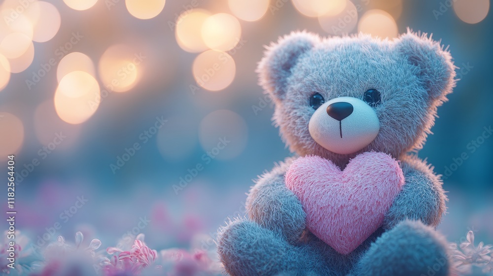 Adorable teddy bear holding pink heart with bokeh background Adorable teddy bear holding pink heart with bokeh background