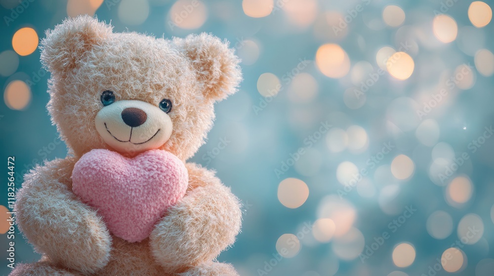 Adorable teddy bear holding heart with sparkling bokeh background Adorable teddy bear holding heart with sparkling bokeh background