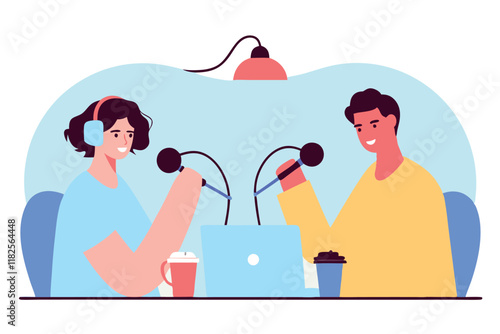 Two people in a radio broadcasting studio, showcasing the concept of news broadcasting. Vector flat illustration