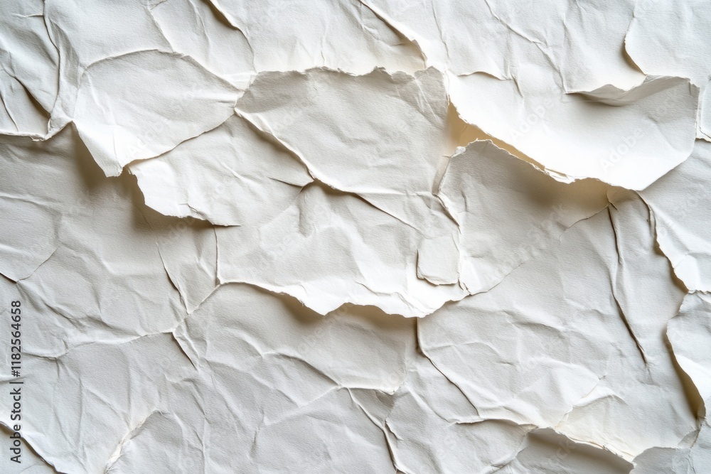 Close-up view of overlapping white crumpled and torn paper pieces creating an abstract textured background, suitable for various design purposes Close-up view of overlapping white crumpled and torn paper pieces creating an abstract textured background, suitable for various design purposes