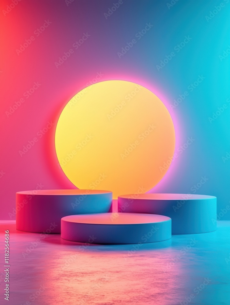 Vivid circular product stands on turquoise background surreal landscape high-resolution visuals Vivid circular product stands on turquoise background surreal landscape high-resolution visuals