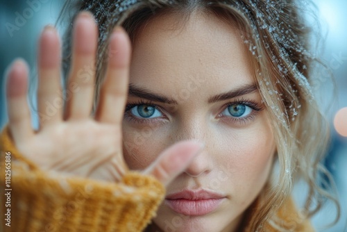 A young woman covering her face with her hand, possibly hiding or embarrassed photo