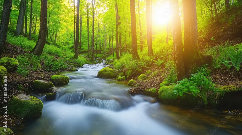 Obraz premium Serene Forest Stream at Sunset, Lush Green Trees, Mossy Rocks, Flowing Water