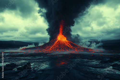 Volcan en éruption avec flux de lave et ciel menaçant photo