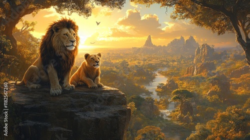 Majestic lions overlooking a savannah at sunset