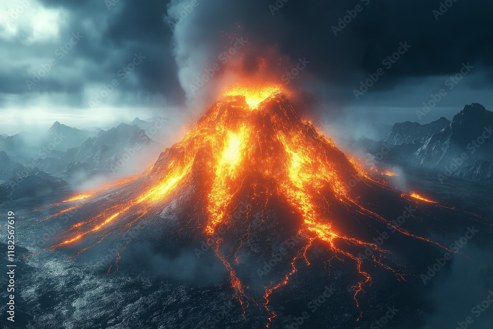 Fototapeta premium Volcan en éruption avec flux de lave et ciel menaçant