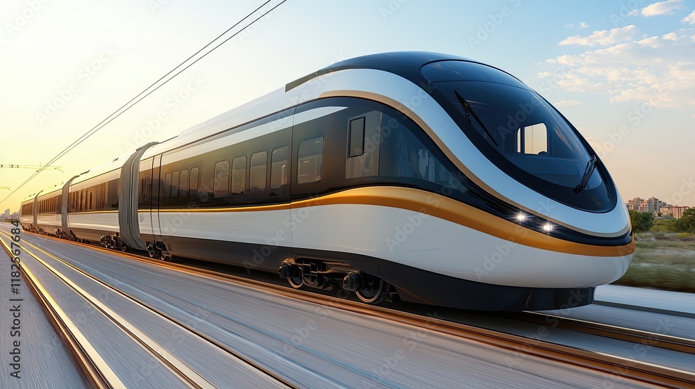 Fototapeta premium High-speed train traveling along railway tracks under a clear sky at sunset