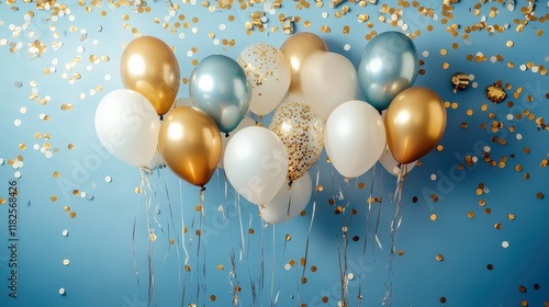 Wallpaper Mural Elegant balloons, white gold and silver, floating against teal background, shimmering confetti, celebration, festive atmosphere, 3D rendering, high detail, studio lighting, glossy surfaces, party deco Torontodigital.ca