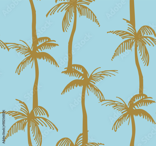 Seamless pattern of brown palm trees with curved trunks and detailed fronds on a light blue background. Modern and tropical design concept. Vector illustration