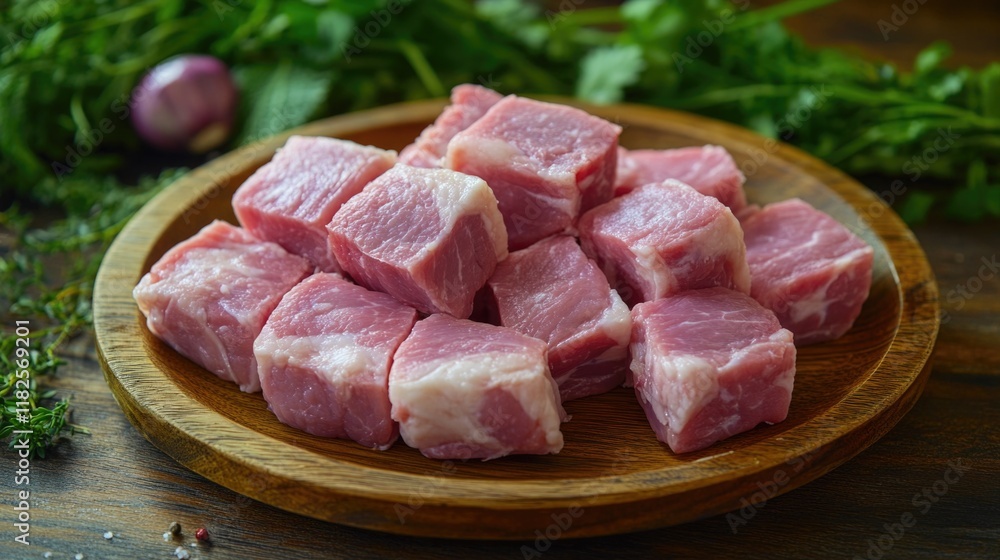 A wooden plate filled with cubes of meat A wooden plate filled with cubes of meat