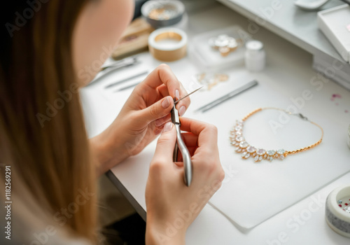 Jewelry maker crafting an elegant necklace at a workspace filled with tools and materials during daylight photo