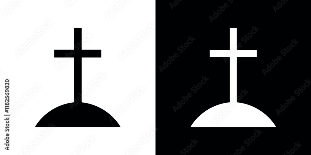 Grave with cross icon. Symbol of death or cemetery. Attribute of funeral, Halloween or horror movie. Grave with cross icon. Symbol of death or cemetery. Attribute of funeral, Halloween or horror movie.