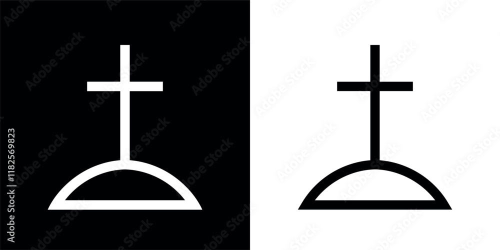Grave with cross icon. Symbol of death or cemetery. Attribute of funeral, Halloween or horror movie. Grave with cross icon. Symbol of death or cemetery. Attribute of funeral, Halloween or horror movie.
