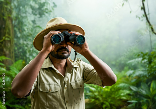 Forest explorer uses binoculars to observe wildlife in a misty environment during a morning expedition