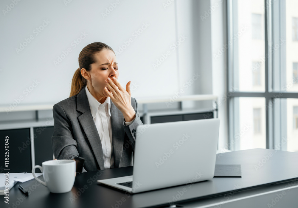 Woman in a suit yawning at her desk while working on a laptop in a modern office environment during daytime Woman in a suit yawning at her desk while working on a laptop in a modern office environment during daytime