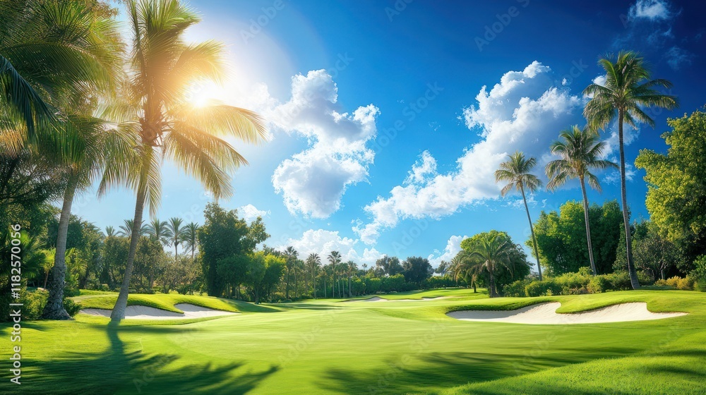 Tropical golf course sunrise, palm trees, fairway, sunny sky, vacation