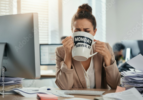 Office worker struggling with Monday blues while holding a coffee mug in a busy workspace photo