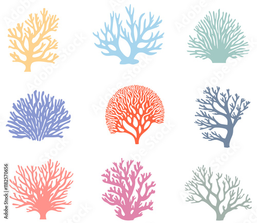 Set of hand drawn corals of different shapes and colors. Underwater flora, sea plants. Vector botanical illustration.