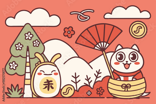 Japanese New Year, festive red background, cute cartoon snake, pine trees, plum blossoms, kadomatsu decoration, lucky mallet, fortune bags, gold coins, shishi lion dance mask, stylized clouds, flat de