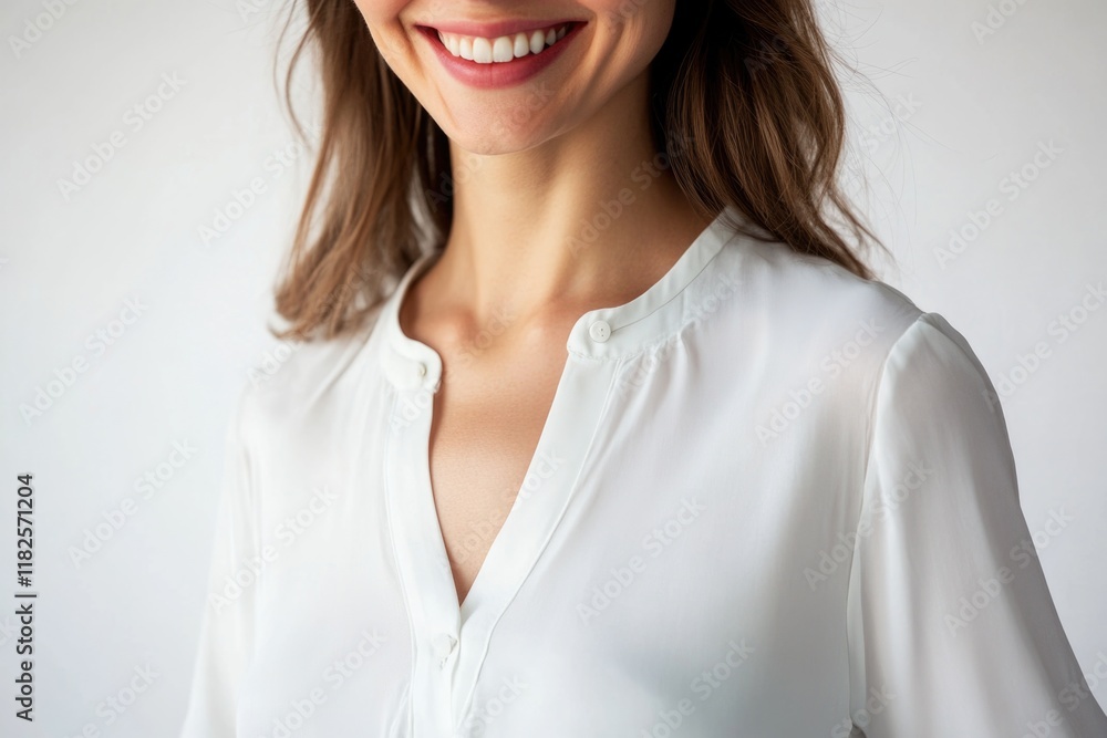 A happy woman with a bright smile posing for the camera, isolated on a white background A happy woman with a bright smile posing for the camera, isolated on a white background