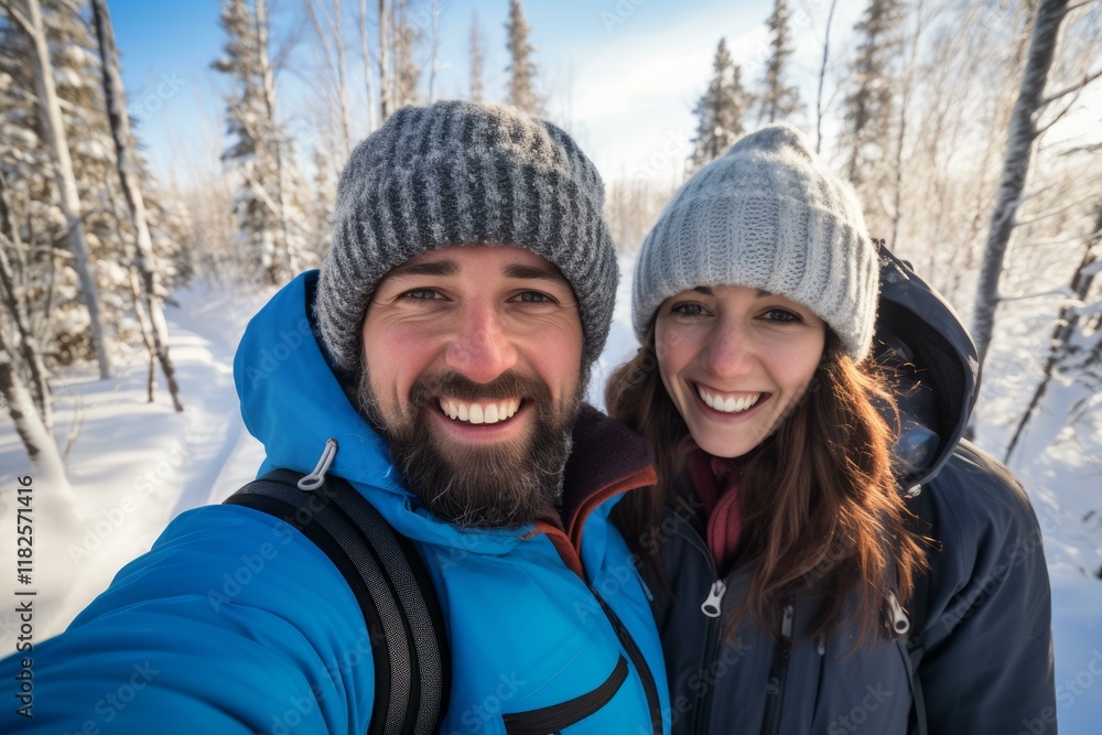 Smiling couple taking selfie while enjoying hiking trip in beautiful winter forest Smiling couple taking selfie while enjoying hiking trip in beautiful winter forest