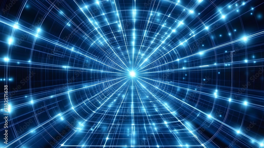 Obraz premium Abstract Blue Digital Tunnel, Futuristic Light Grid, Technology Background