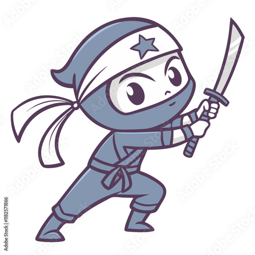 Little Ninja Ready for Action:  A cute cartoon ninja in a blue and white suit, with a headband and a sword, stands ready for action. 