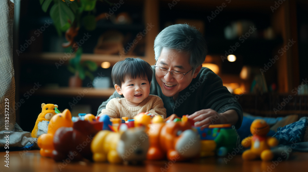 Joyful moments shared between a grandparent and a child surrounded by colorful toys in a cozy living room setting Joyful moments shared between a grandparent and a child surrounded by colorful toys in a cozy living room setting