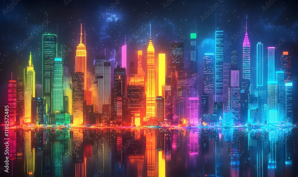 an abstract city skyline where glowing neon lines form the buildings an abstract city skyline where glowing neon lines form the buildings